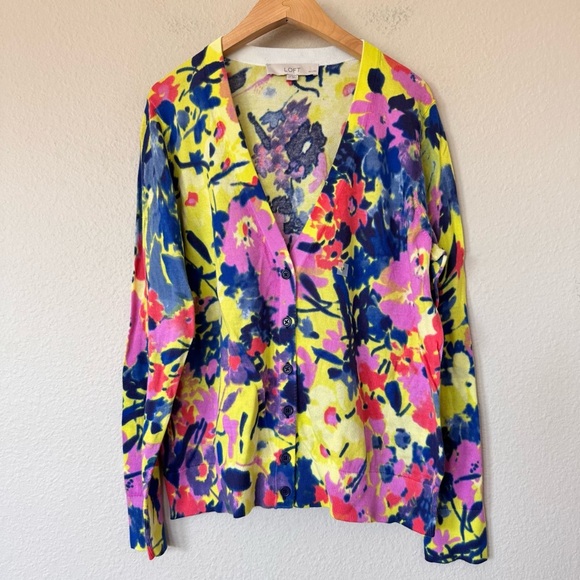 LOFT Womens Floral Cotton Sweater Cardigan V Neck Yellow Pink Petite Size LP - Picture 1 of 7